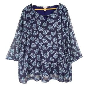 Catherines Womens 3/4 Sleeve Tunic Blouse Top Sz 2X (22-24W) Sheer Office Career